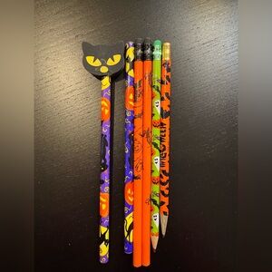 Halloween Themed Pencil Set Lot with Cat Topper eraser